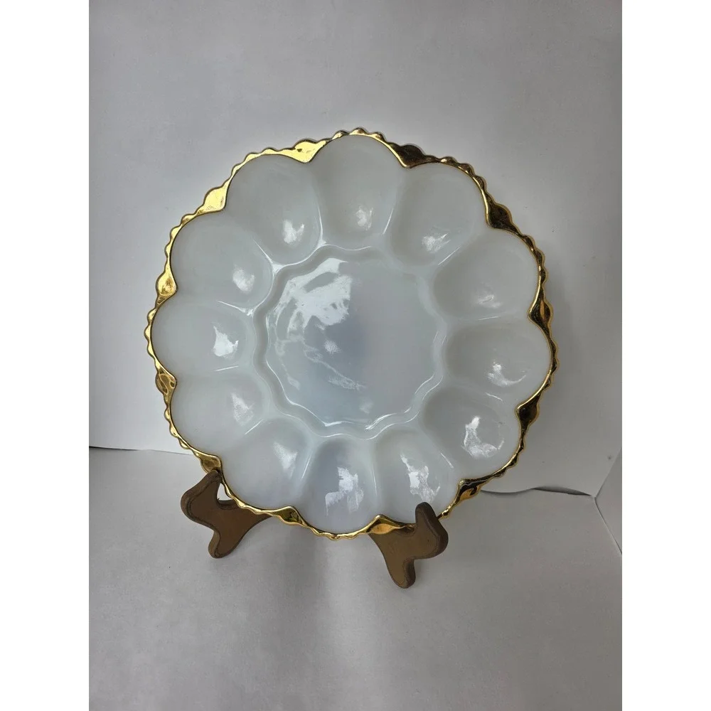 Vintage Anchor Hocking White Milk Glass Deviled Egg Plate Scalloped Gold Trim
